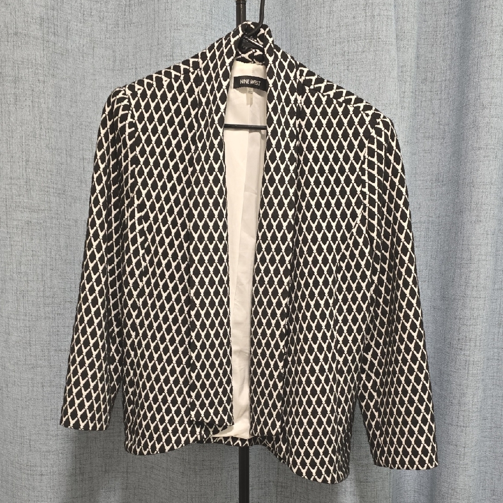 Nine West Black and White Diamond Patterned Knit‎ Blazer With Lining Size 12